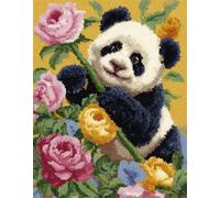 Wallphantom Latch Hook Rug Kit for Adults,Rosas y pandas,DIY Latch Hook Rug Kit with Preprinted Pattern Canvas,Needlework Crafts Rug for Home Decor,52x38cm