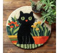 Wallphantom Latch Hook Rug Making Kits,Gato negro y plantas,DIY Latch Hook Rug Kits,DIY Rug Crochet Yarn for Home Sofa Decoration,50x50cm