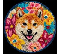Wallphantom Latch Hook Rug Making Kits,Perro Akita en los arbustos de flores,DIY Latch Hook Rug Kits,DIY Rug Crochet Yarn for Home Sofa Decoration,50x50cm