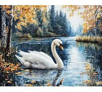 Wallphantom paisaje del bosque del lago 11CT Kit Petit Point Conjunto De Punto De Cruz,cisne blanco animal,Kit De Bordado Para Adultos,Kits De Punto De Cruz DIY,16x20in Bordado a Mano Regalo