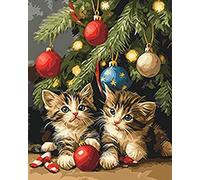 Wallphantom Pintar por Numeros Adultos,Gato navideño bajo el árbol de Navidad,DIY Pintura por Números,Kit de Pintura al óleo de Lienzo para con Pinceles,Pigmento Acrílico,40x50cm con marco