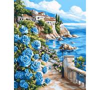 Wallphantom Pintar por Números Adultos,Peonía azul junto al mar,Kit de Pintura al óleo de Lienzo DIY con Pinceles y Pinturas Kit,Manualidades Adultos Decor Hogar,40x50cm con marco