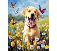 Wallphantom Pintar por Numeros Adultos,Perro Labrador Retriever,flores y mariposas,DIY Pintura por Números,Kit de Pintura al óleo de Lienzo para con Pinceles,Pigmento Acrílico,40x50cm sin borde