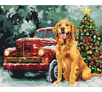 Wallphantom Pintura por Números Kit,Árbol de Navidad y Golden Retriever,Pintar por números para adultos kit de regalo,Decoración de arte de pared de sala de estar,40x50cm con marco