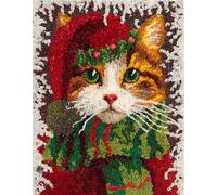 WallustrioaW Gato navideño Kit De Ganchillo Para Principiantes,gato con bufanda,DIY Latch Hook Kit Rug Making Crafts for Adults,Sets para Hacer Alfombras,Decoración del Hogar,90x120cm