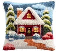 WallustrioaW Kits de ganchos para niños y adultos,Casa de campo navideña,funda de almohada de lona impresa,bordado,festivales,regalos,kits de navidad,43x43cm