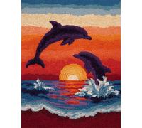 WallustrioaW paisaje del atardecer Kit de Alfombras con Gancho de Pestillo,Dos delfines saltando del mar,DIY Latch Hook Kit Rug Making Crafts for Adults,Regalos de Punto de Cruz Hechos,52x38cm