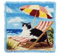 WallustrioaW paisaje Kit Completo de Funda de Cojín con Gancho de Cierre,gato en una silla de playa,Kit de Funda de Almohada,Cojines de Ganchillo para Niños,Adultos y Principiantes,43x43cm