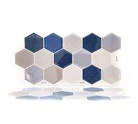 WALPLUS 12 hojas de pegatinas hexagonales 3D brillantes, color azul y crema, 30 x 15 cm, para pared con salpicaduras, para decoración de azulejos