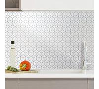 WALPLUS 28,5 x 14 cm @ 48 piezas de adhesivo para azulejos de pared de color blanco brillante y plateado hexacubo, azulejos de pintura para pegar en azulejos de pared autoadhesivos para cocina y baño