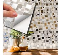 Walplus Adhesivos Azulejos Metálicos Paquete Múltiple Vinilo Adhesivo Impreso Azulejos Adhesivos De Pared De Cocina Decoración Mosaico De Piedra Beige Plateado Metalizado 96Unidades 15Cm(6") Beige