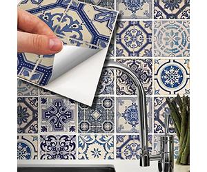 Walplus Adhesivos Para Azulejos Vinilo Adhesivo Estampado Losetas Adhesivas Pared Cocina Decoracion Protector No Tóxicos Fácilmente Extraíble Malaga Spanish Blue 24Pcs 15Cm(6") Multicolor