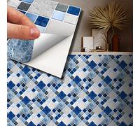 WALPLUS Juego de 24 pegatinas de pared de mosaico azul y gris, de 15 cm, para despegar y pegar, calcomanías de vinilo para decoración del hogar, para cocina, baño, azulejos, pintura en la pared