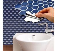 WALPLUS Pegatina de pared hexagonal de nido de abeja azul brillante, 28,5 x 14 cm, 48 unidades, adhesivo adhesivo para azulejos de pared para cocina, baño, transferencia de azulejos