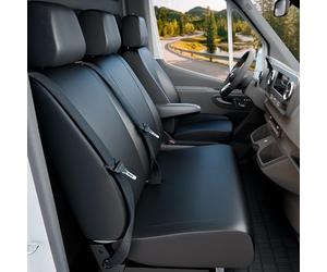 WALSER Fundas de asientos de coche Transporter en imitación de cuero compatible con Opel Movano/Renault Master, 1 asiento individual delantero (hueco reposabrazos) y asiento doble delantero