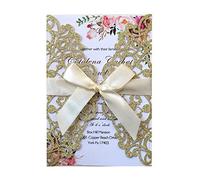 Wambere 20 invitaciones de boda hueca rosa con cintas de marfil, invitación de boda, despedidas de soltera, invitación de compromiso, tarjetas de compromiso en blanco y sobres, amarillo