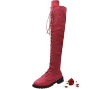 WAMIZEU Botas altas de tacón bajo por encima de la rodilla con cordones para mujer, con cremallera lateral, puntera redonda, estilo casual, de gamuza sintética, botas de equitación, a la moda, Reino