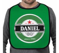 Wanapix | Babero Personalizado para Adulto | Divertido Diseño Cerveza Piensa en Verde | Babero Blanco Grande con Nombre y Año Personalizable | Con Cuerdas para Atar al Cuello | Ribete Negro