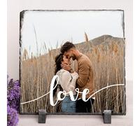 Wanapix | Foto Pizarra Personalizada | Diferentes Medidas | Incluye pie de Apoyo | 19x19cm | Regalo Original | Portafotos de Piedra con Foto y Texto | Love & Thankful