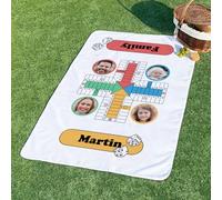Wanapix | Manta Picnic 140x95 cm | Tablero Parchís con 4 Fotos Personalizadas | Impermeable | Incluye Arnés con Asa de Transporte | Manta Juego para Jardín Playa o Parque | Parchís