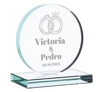 Wanapix | Trofeo Personalizado con Nombre y Texto | Cristal Grabado (Escala de Grises) | Premio Personalizado | Redondo 10x11 cm | Incluye Estuche para Guardar | Boda