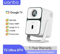 Wanbo T2 Ultra 2026 Proyector Google TV Netflix, 4K 500 ANSI, Widevine L1, Óptica Sellada, Enfoque Automático IA, Sonido DSP de 10W, WiFi Bluetooth, FHD 1080P, Rotación de 120°, Pantalla de 140" para