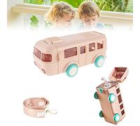 WANCUEO Portable Water Cup in Bus Shape, 16oz Summer Cute Bus Water Bottle with Strap, Cartoon Bus Water Bottle with Wheels, Kids Water Bottle with Straw and Lid, Portable Water Bottle for Kids, Pink