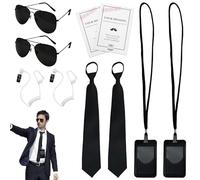 WanderGo Accesorios de disfraz de agente secreto, 10 piezas de accesorios para disfraz de hombre en negro, corbata, gafas de sol, soporte para tarjetas, tubo de auriculares, tarjeta