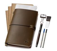 WANDERINGS Cuaderno de Viaje A5 / Diario de Cuero Genuino Hecho a Mano - 22x15 cm Incluye un Portalápices con Bolígrafo y 2 Recargas de Tinta Adicionales, una Carpeta de PVC y un Clip Sujetapapeles