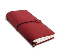 WANDERINGS Cuaderno de Viaje Tamaño Regular con Bolsillos - 11.5cm x 22cm - Diario de Viaje Rellenable - Cuero Rojo Hecho a Mano, Incluye Recambios en Blanco de Papel 100 GSM