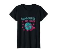 Wanderlust & Lady Power Globe Art, Color Verde Azulado y Magenta Camiseta