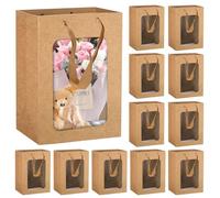 WANDGU 12 Bolsas de Regalo de Papel Kraft con Ventana: Bolsas de Papel Kraft con Asa, Bolsas de la Compra, Bolsas de Regalo para Cumpleaños, Bodas, Fiestas, Banquetes (30 x 20 x 16 cm)