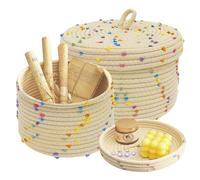 WANDGU 2 piezas de copas de cuerda de algodón trenzadas: cesta de almacenamiento tejida con tapa, cesta trenzada para plantas, redondas, puntos decorativos coloridos, para plantas, hilo, accesorios de