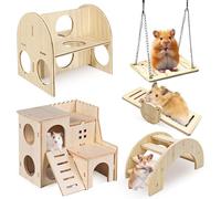 WANDGU 5 piezas de juguete para hámster de madera: juguete para masticar hámster, puente balancín y juguete de entrenamiento, juguete para conejillo de indias, patio de recreo para cobayas, ratas,
