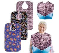 WANDGU Baberos impermeables para adultos: paquete de 3 baberos para adultos con bandeja de recogida y botones a presión, protector lavable reutilizable para hombres, mujeres, ancianos, discapacitados,