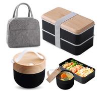 WANDGU - Caja de bento japonesa de 1400 ml, caja de bento para adultos con tazón de sopa y bolsa isotérmica, caja de almuerzo con compartimentos, apilable, para adultos y niños, para el trabajo y la