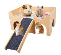 WANDGU Casa para Cobayas de Madera Maciza con Rampa y 3 Entradas: 38 x 24 x 18 cm, para Conejos Natural, Accesorios para Cobayas, Ratas, Hámsteres y Animales Pequeños