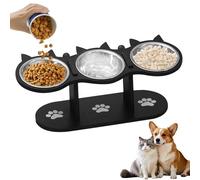 WANDGU - Cuenco para gatos elevado: estación de comida para gatos con 3 cuencos de acero inoxidable y soporte de madera - solución de cuenco ergonómico ajustable en altura para gatos y pequeños