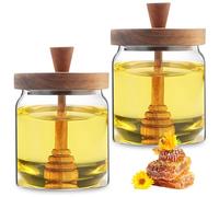 WANDGU Dispensador de miel de 2 unidades: tarro de miel de cristal de 450 ml con cuchara y tapa, recipiente para miel, tarro de miel, recipiente de vidrio sellado, juego de varillas de miel para