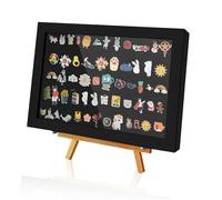 WANDGU Expositor de pines a prueba de polvo con soporte para pin: caja de presentación de joyas con tapa de cristal y hebilla de cierre para alfiler, medallas, insignias (28 x 20 x 4,8 cm, negro)