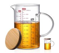 WANDGU Jarra Medidora Cristal 1L: Vaso Medidor Graduado de Vidrio, con Tapa de Bambú Vaso Medidor Cristal, Taza Medidora de Leche, Taza de Vidrio Graduado de Borosilicato para Zumo, Leche, Cocina