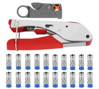 WANDGU Juego de alicates de compresión: crimpadora tipo F, herramienta pelacables con 20 conectores F de compresión y cortador de cable coaxial giratorio, cable F macho crimpadora para cable SAT,