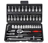 WANDGU Juego de llaves de carraca de 46 piezas: 1/4 pulgadas con barras de extensión, cierre rápido, llaves de acero Cr-V, juego de puntas, llaves Allen para coche y hogar en caja de almacenamiento