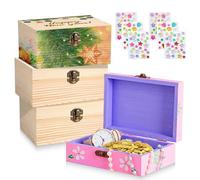 WANDGU Mini Cofre del Tesoro de Madera: 4 Piezas 15x10x6cm Caja de Madera Con Tapa, Cajas Madera para Decorar, Cajas de Madera, Mini Cofres del Tesoro Diy Con Cajas y Pegatinas para Manualidades, DIY