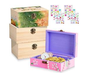 WANDGU Mini Cofre del Tesoro de Madera: 4 Piezas 15x10x6cm Caja de Madera Con Tapa, Cajas Madera para Decorar, Cajas de Madera, Mini Cofres del Tesoro Diy Con Cajas y Pegatinas para Manualidades, DIY