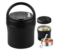 WANDGU - Recipiente para alimentos (1,2 L, acero inoxidable, con cuchara, boquilla para comida, caja de almuerzo isotérmica para alimentos (negro)