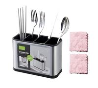 WANDGU Soporte para cubiertos con 4 compartimentos para cocina: recipiente con 2 paños de limpieza, cesta para cubiertos de acero inoxidable, soporte para utensilios de cocina, organizador de