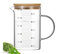 WANDGU Vaso medidor de vidrio con tapa de bambú: 1 litro de medición resistente a la temperatura, vaso medidor transparente, vidrio de borosilicato, pared gruesa, medidas claras para zumo, accesorios