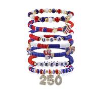 WANDIC 1 Juego de Pulsera elástica de 250.º Aniversario Abalorios con Cuentas de Arcilla roja, Blanca y Azul con Bandera Estadounidense, joyería patriótica para decoración del 4 de Julio