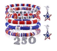 WANDIC 1 juego de pulsera y aretes del Día de la Independencia, pulsera elástica de arcilla para el Día de los Caídos y el 4 de julio, bandera estadounidense, decoración roja, blanca y azul
